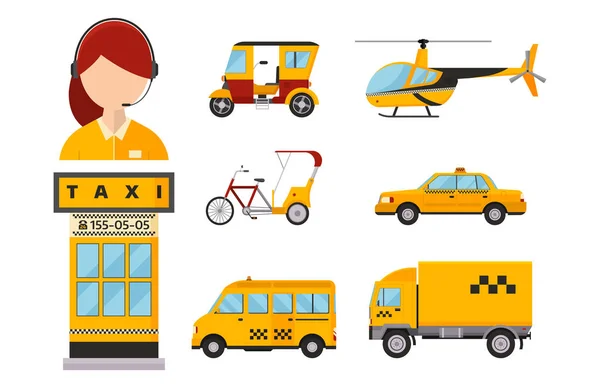 Taxi cab, samostatný vektorové ilustrace cestující auto žlutá ikona znaménko city truck van vrtulník kolo dispečer různých dopravy — Stockový vektor