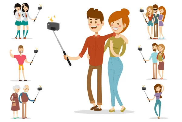 Selfie Menschen isoliert Vektor Illustration Charakter Foto Lifestyle Set Hipster smart flache Kamera Smartphone Person Bild Paar Liebe — Stockvektor