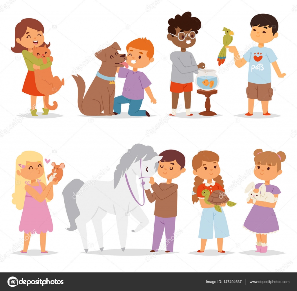 Toddler cartoon kids characters petting little pet in and cute ...