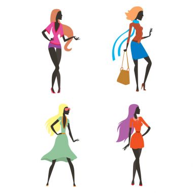 Bak kız moda siluet güzel kadın ve güzel, genç kız, model, Stil, saç, Bayan karakter glamour sevimli vektör çizim.