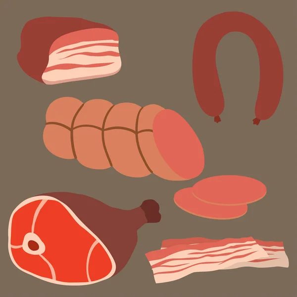 Produtos de carne conjunto de desenhos animados delicioso churrasco kebab variedade deliciosa refeição gourmet e variedade de animais cordeiro cordeiro cozido vetor ilustração — Vetor de Stock