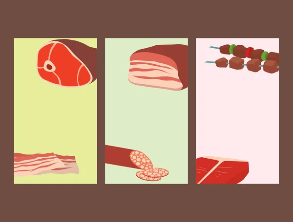 Et ürünleri vektör çizim pişmiş karikatür kartları lezzetli mangal kebap çeşitli lezzetli gurme yemek ve hayvan ürün yelpazesine dilim kuzu ayarla — Stok Vektör