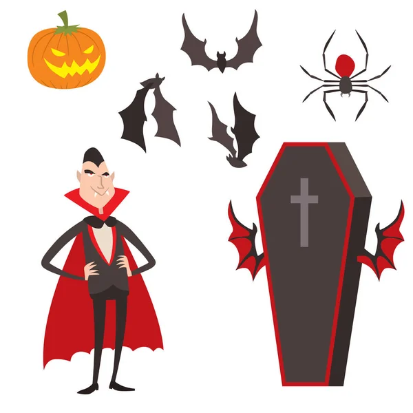 Dibujos animados dracula vector símbolos vampiro iconos carácter divertido hombre cómico halloween y magia hechizo brujería fantasma noche diablo cuento ilustración . — Vector de stock