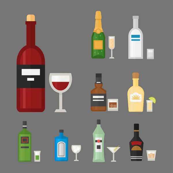 Alcohol drinkt dranken cocktail whiskey drinken fles pils verfrissing container en menu dronken concep verschillende fles en glazen vectorillustratie. — Stockvector