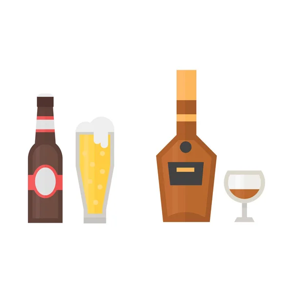 Bebidas de cerveza de alcohol bebidas cóctel whisky bebida botella lager refresco contenedor y menú borracho botella diferente y vasos vector ilustración . — Vector de stock