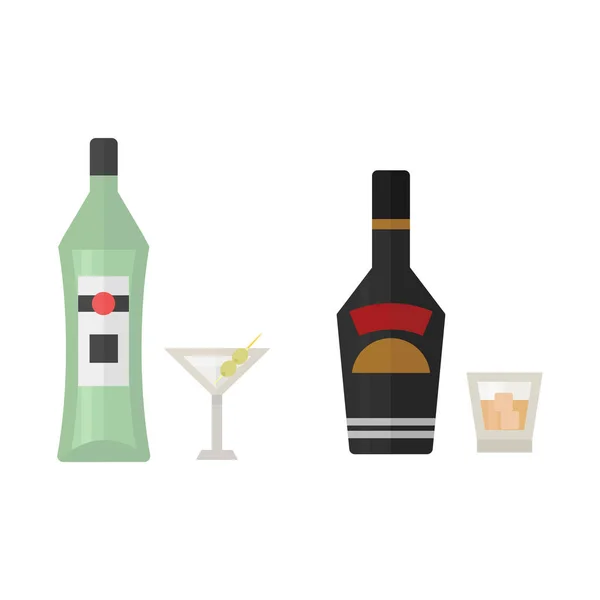 Bebidas alcohólicas bebidas cóctel whisky bebida botella lager refresco contenedor y menú borracho concepto diferente botella y vasos vector ilustración . — Vector de stock