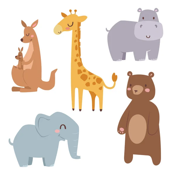 Animales de dibujos animados zoológico lindo aislado fauna divertida aprender lenguaje lindo y naturaleza tropical safari mamífero selva personajes altos vector ilustración . — Vector de stock