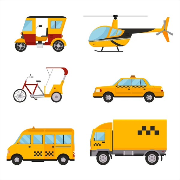 Taxi cab isolated vector illustration white background passenger car transport yellow icon sign city truck van cargo helicopter bicycle different — Stock Vector