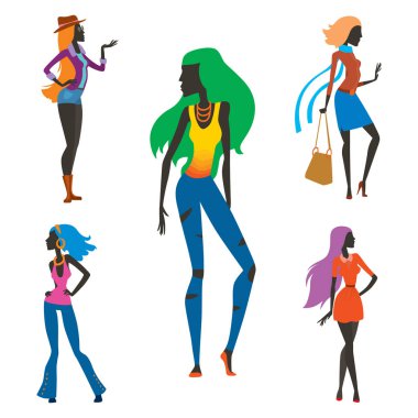 Bak kız moda siluet güzel kadın ve güzel, genç kız, model, Stil, saç, Bayan karakter glamour sevimli vektör çizim.