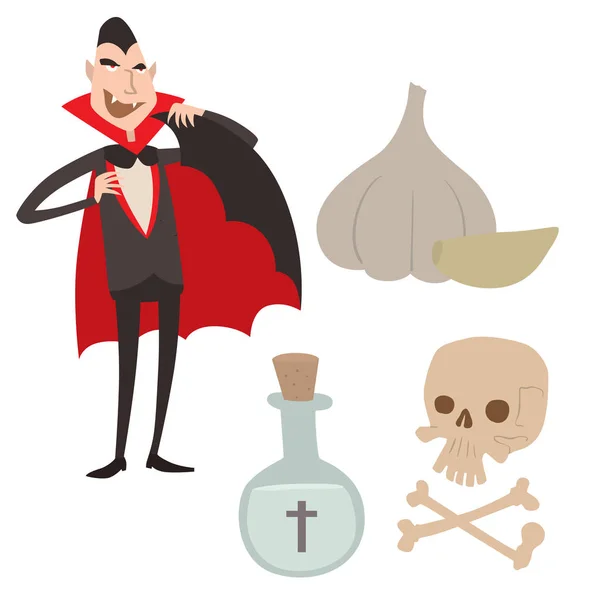 Мультфильм Дракула векторные символы гроба вампира иконы персонаж смешной человек комический Хэллоуин и волшебное заклинание колдовство призрак ночь дьявол иллюстрация сказка . — стоковый вектор