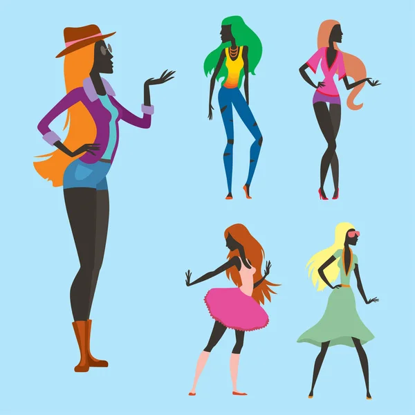 Fashion look meisje silhouet mooi meisje vrouw vrouwelijk en mooi, jong, model, stijl, haar, lady karakter glamour schattig vectorillustratie. — Stockvector