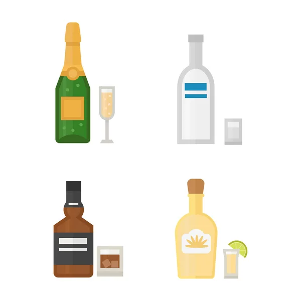 Alkohol drycker drycker cocktail whiskey dricka flaska lager förfriskning behållaren och menyn full konceptet olika flaska och glasögon vektorillustration. — Stock vektor