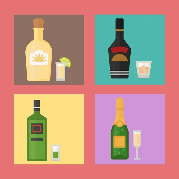 Alkohol dricker drycker cocktail kort drink flaska lager förfriskning behållare och menyn full konceptet olika flaska och glasögon vektorillustration. — Stock vektor