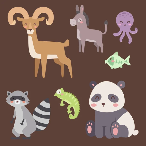 Animales de dibujos animados zoológico lindo aislado fauna divertida aprender lenguaje lindo y naturaleza tropical safari mamífero selva personajes altos vector ilustración . — Vector de stock