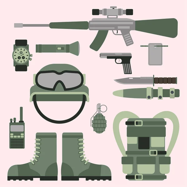 Militär Waffen Waffen Symbole Rüstung Streitkräfte Design und amerikanische Kampfflugzeug Munition Navy Tarnung Zeichen Vektor Illustration. — Stockvektor