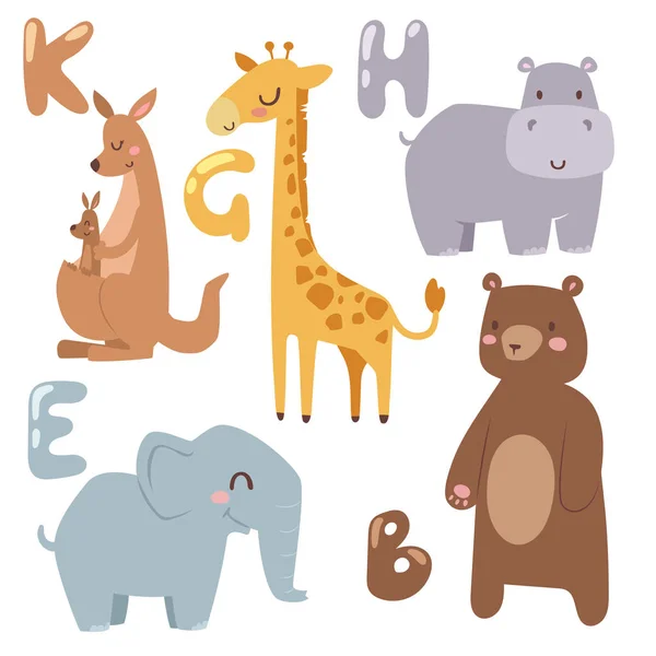 Niedlich Zoo Cartoon Tiere isoliert lustige Tierwelt lernen niedliche Sprache und tropische Natur Safari Säugetier Dschungel groß Zeichen Vektor Illustration. — Stockvektor