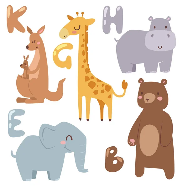 Cute zoo cartoon animals isolated funny wildlife learn cute language and tropical nature safari mammal jungle tall characters vector illustration. — Stock Vector