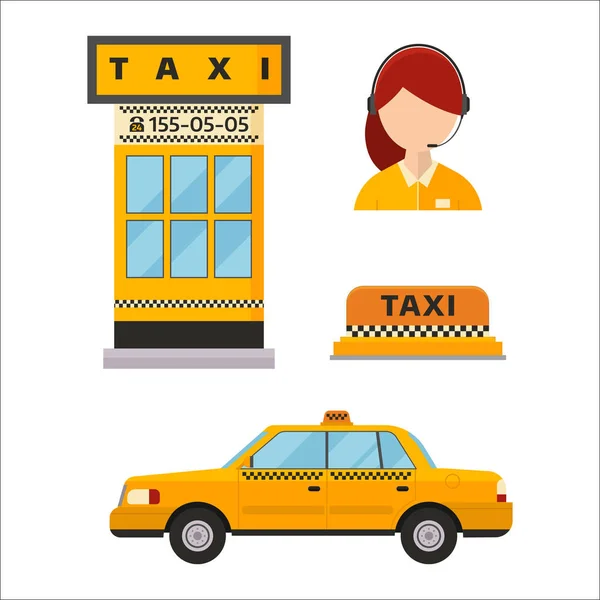 Таксі ізольовані Векторні ілюстрації білий фон пасажирський автомобіль транспорт жовтий знак диспетчера різних міських послуг жінка — стоковий вектор