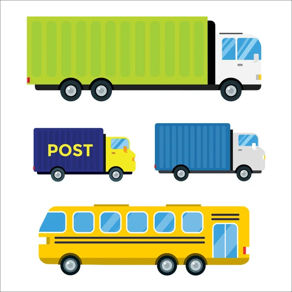 Transporte de entrega carga caminhão vetor ilustração caminhão carro reboque entrega negócio frete veículo van logístico set mail post export bus — Vetor de Stock