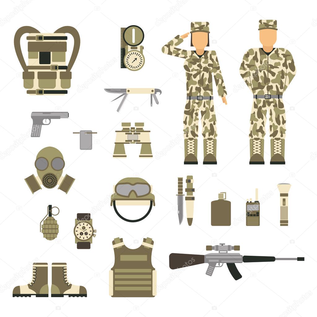 Military character weapon guns symbols armor man set forces design and american fighter ammunition navy camouflage sign vector illustration.