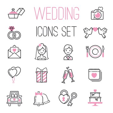 Anahat düğün günü siyah ve pembe evlilik Icons set nişan için simgeler olsun evli sevgi ve romantik olay gelin damat kalp vektör çizim.
