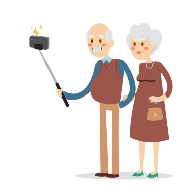 Selfie büyükbaba büyükanne izole vektör çizim karakter fotoğraf yaşam tarzı düz fotoğraf makinesi smartphone kişi resim emekliler yaşlı insanlar