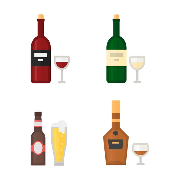 Alkohol Getränke Getränke Cocktail Whiskey Drink Flasche Pils Erfrischungsbehälter und Menü getrunken Konzept verschiedene Flaschen und Gläser Vektor Illustration. — Stockvektor