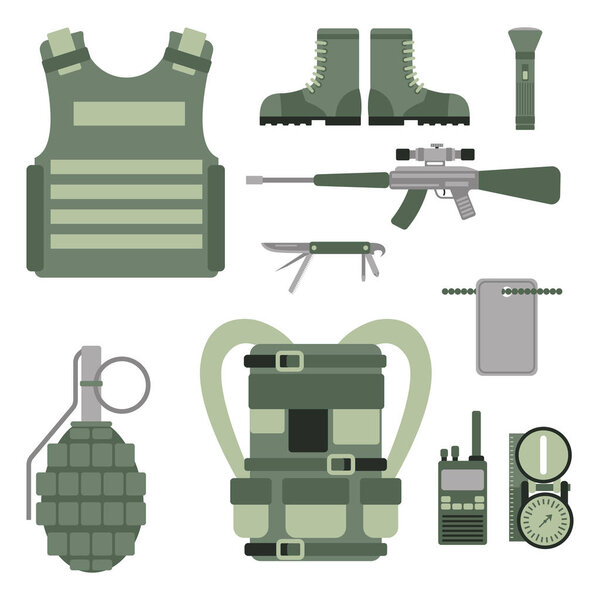 Military weapon guns symbols armor set forces design and american fighter ammunition navy camouflage sign vector illustration.