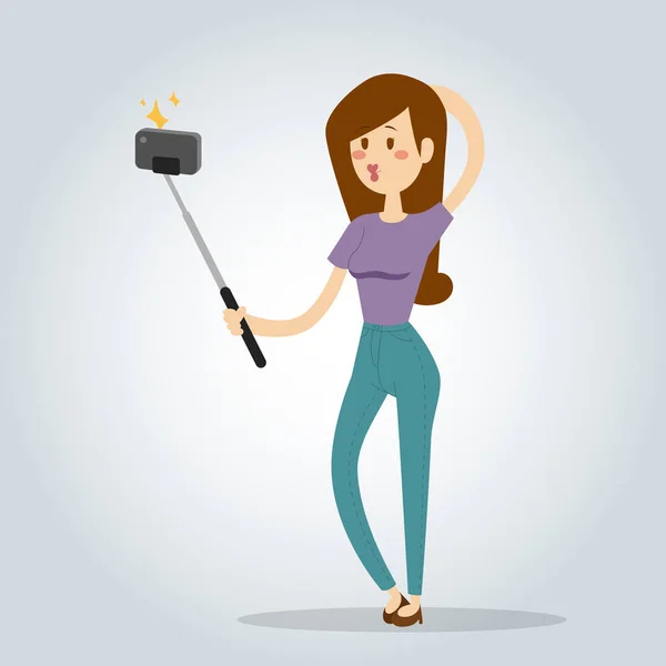Selfie scuola ragazza isolato vettore illustrazione carattere foto stile di vita piatto fotocamera smartphone persona foto giovane sorriso fotografia moderno — Vettoriale Stock