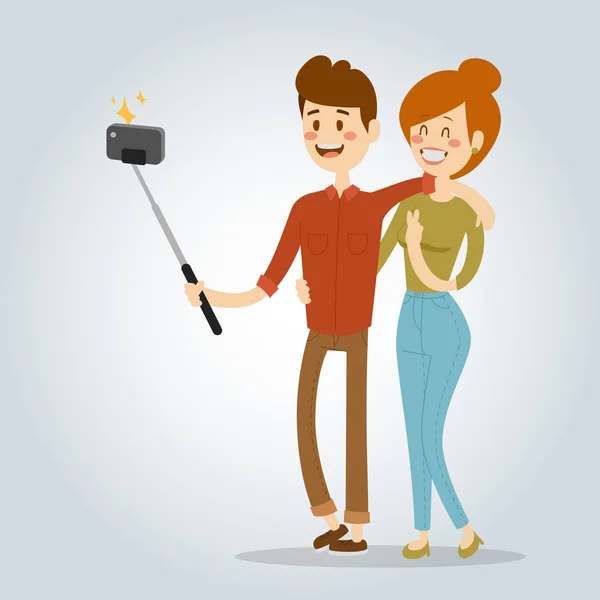 Selfie mensen geïsoleerd vector illustratie karakter foto levensstijl hipster slimme dunne camera smartphone persoon foto jong koppel — Stockvector