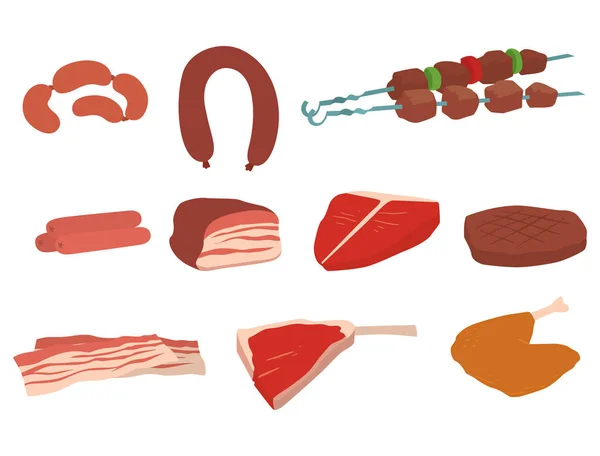 Masné výrobky sadu kreslené lahodné grilované kebab odrůdy vynikající gurmánské jídlo a zvířecí sortiment řezu jehněčí nožka vektorové ilustrace — Stockový vektor
