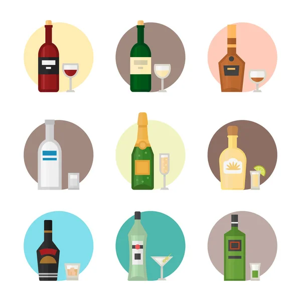 Αλκοόλ ποτά ποτών κοκτέιλ ουίσκι ποτό μπουκάλι lager αναψυκτικό κοντέινερ και μενού μεθυσμένος έννοια διαφορετική μπουκάλι και εικονογράφηση διάνυσμα γυαλιά. — Διανυσματικό Αρχείο