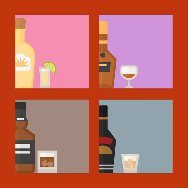 Alkohol dricker drycker cocktail kort drink flaska lager förfriskning behållare och menyn full konceptet olika flaska och glasögon vektorillustration. — Stock vektor