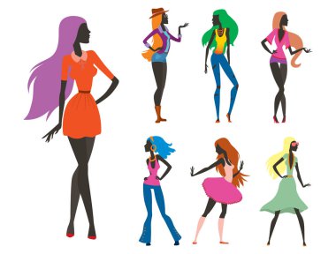 Bak kız moda siluet güzel kadın ve güzel, genç kız, model, Stil, saç, Bayan karakter glamour sevimli vektör çizim.