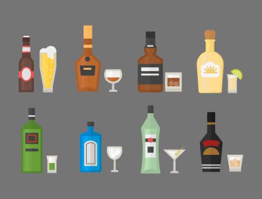 Alkol içecekler içecekler kokteyl viski içecek şişe bira ferahlık konteyner ve menü sarhoş kavramı farklı şişe ve bardak vektör çizim.
