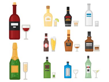 Alkol içecekler içecekler kokteyl viski içecek şişe bira ferahlık konteyner ve menü sarhoş kavramı farklı şişe ve bardak vektör çizim.