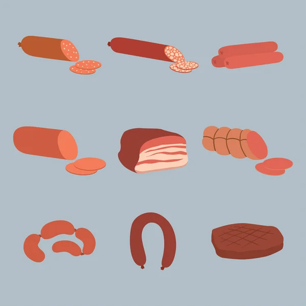 Carne productos conjunto de dibujos animados deliciosa barbacoa kebab variedad deliciosa comida gourmet y animal surtido rebanada cordero cocinado vector ilustración — Vector de stock