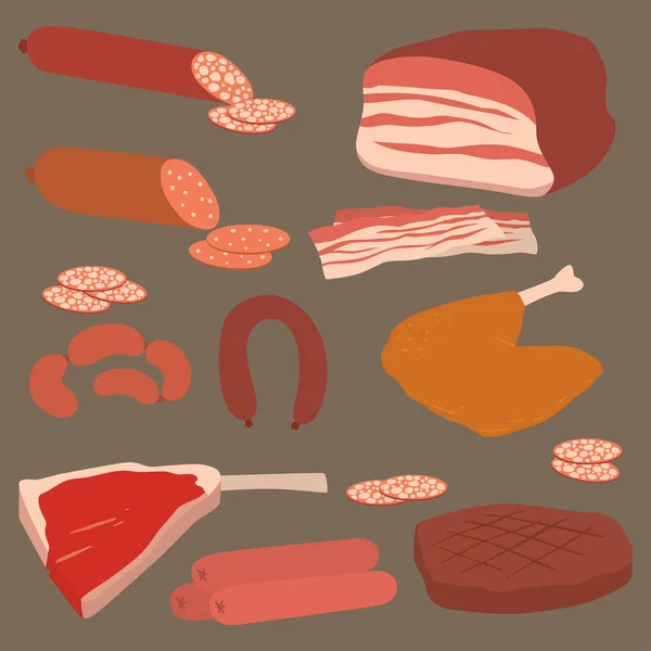 Et ürünleri dizi karikatür lezzetli mangal kebap çeşitli lezzetli gurme yemek ve hayvan çeşitliliği dilim kuzu vektör çizim pişmiş — Stok Vektör