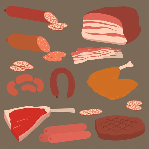 Carne productos conjunto de dibujos animados deliciosa barbacoa kebab variedad deliciosa comida gourmet y animal surtido rebanada cordero cocinado vector ilustración — Vector de stock