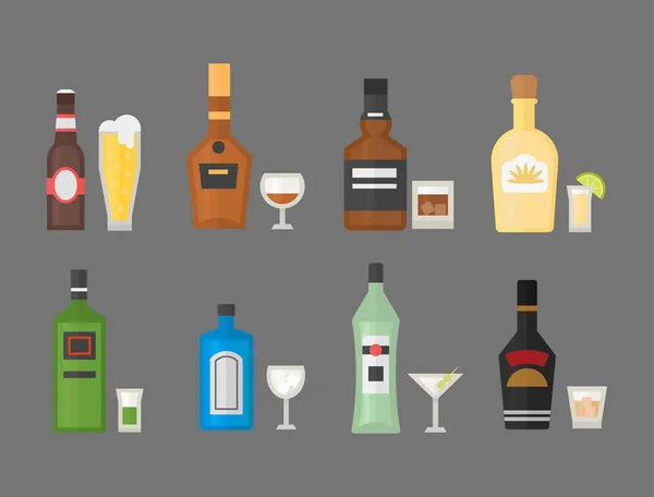 Bebidas alcohólicas bebidas cóctel whisky bebida botella lager refresco contenedor y menú borracho concepto diferente botella y vasos vector ilustración . — Vector de stock