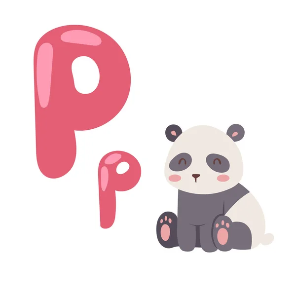 Lindo alfabeto zoológico con dibujos animados animal panda aislado sobre fondo blanco y divertida letra P fauna aprender tipografía lindo lenguaje vector ilustración . — Vector de stock