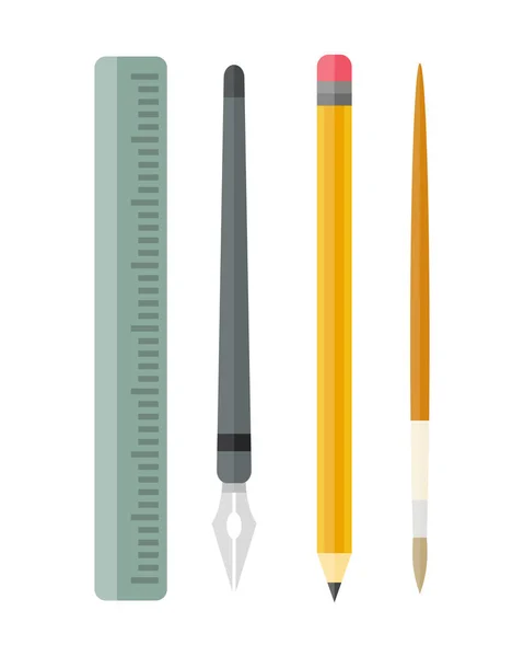 Festék- és íróeszközök gyűjtemény lapos stílusú színes rajz levélpapír berendezések és oktatási előadó rajzfilm vonalvezetés vektoros illusztráció. — Stock Vector
