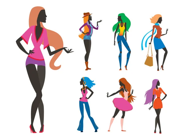 Aspecto de moda chica silueta hermosa chica mujer femenina y bonita, joven, modelo, estilo, pelo, dama carácter glamour lindo vector ilustración . — Archivo Imágenes Vectoriales