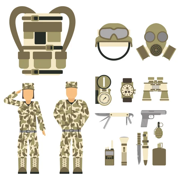 Personaje militar armas símbolos armadura hombre conjunto fuerzas diseño y munición de combate americano marina camuflaje signo vector ilustración . — Vector de stock
