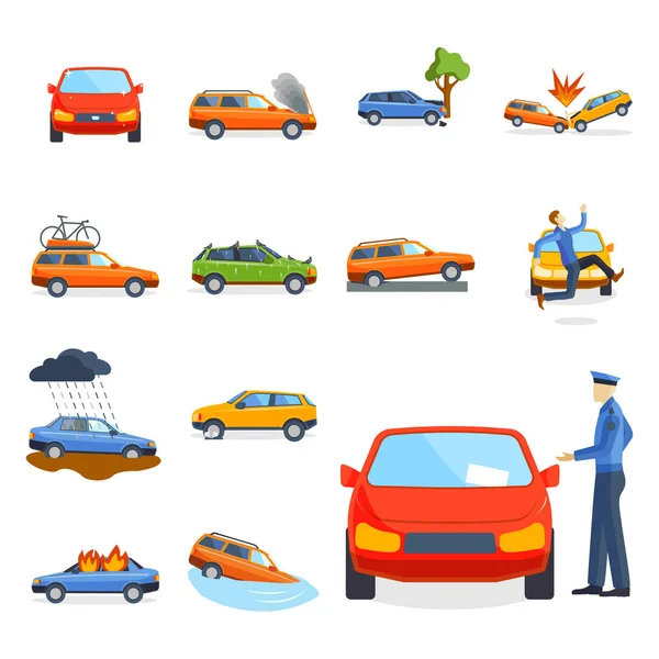 Accidente de coche colisión seguro de tráfico seguridad automóvil emergencia desastre y emergencia desastre velocidad reparación transporte vector ilustración . — Vector de stock