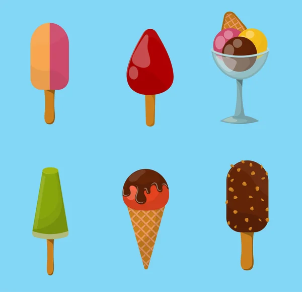 设置冰卡通多彩奶油甜点矢量插画巧克力食品甜冷孤立的图标小吃锥美味水果冷冻糖果集合 — 图库矢量图片