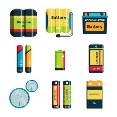 Pil enerji araç elektrik şarj yakıt olumlu arz ve isposable üretimi bileşen alkali sanayi teknoloji vektör çizim.