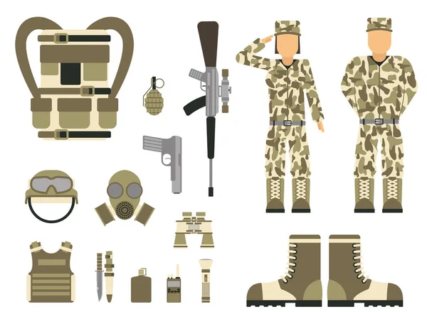 Personaje militar armas símbolos armadura hombre conjunto fuerzas diseño y munición de combate americano marina camuflaje signo vector ilustración . — Vector de stock