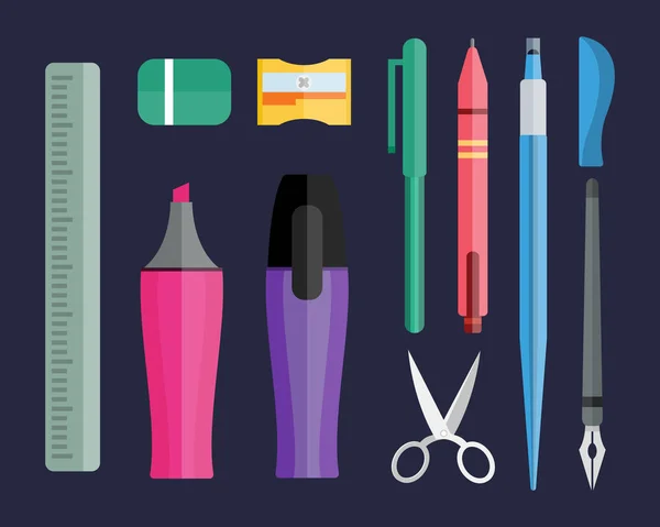 Verf en schrijfhulpmiddelen collectie vlakke stijl gekleurd briefpapier apparatuur tekening en onderwijs kunstenaar cartoon schetsen vectorillustratie. — Stockvector