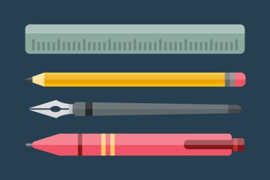 Boya ve araçları koleksiyonu düz stil yazma çizim Kırtasiye malzemeleri ve eğitim sanatçı karikatür vektör çizim çizimi renkli.